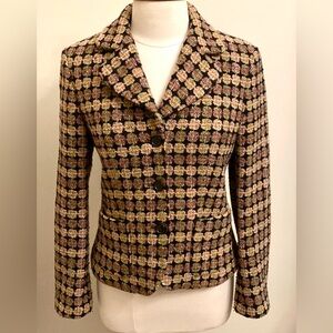Olsen Europe Brown Green Circle Print 4 Granola Countryside Rustic Tweed Blazer